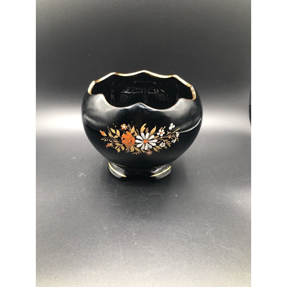 Vintage Black Glass Footed Rose Bowl Glass Gold Enamel Floral Hand Painted
